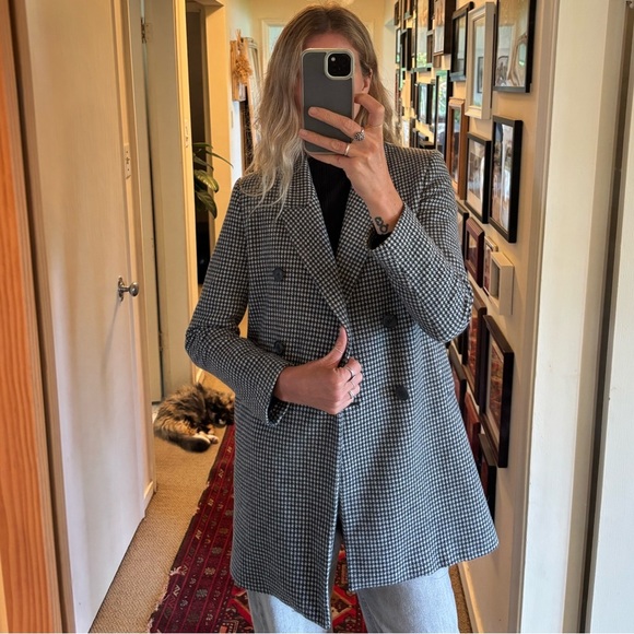 Zara Houndstooth Plaid Black and White Double Breasted Classic Fit Jacket Coat - Picture 13 of 13